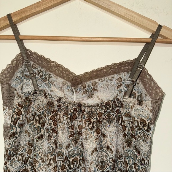 Women’s Vintage Y2K Brown Paisley Print Lace Trim Sparkle Cami Tank Top Size L - Picture 10 of 13